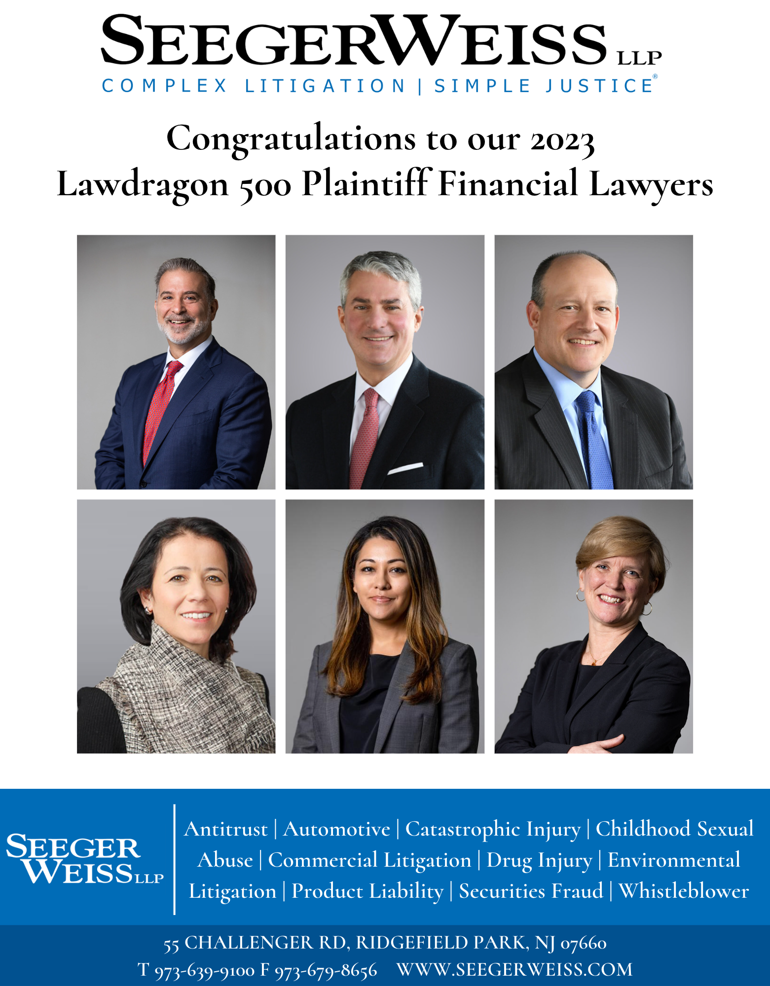 Lawdragon Names Six Seeger Weiss Partners to 500 Leading Plaintiff Financial Lawyers List